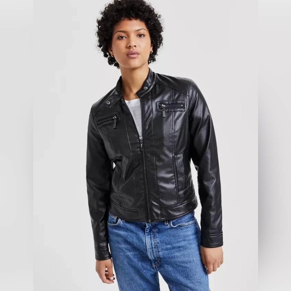 NWT JOU JOU Juniors Vegan Leather Faux-Fur Lined Zip Moto Jacket Coat Size L